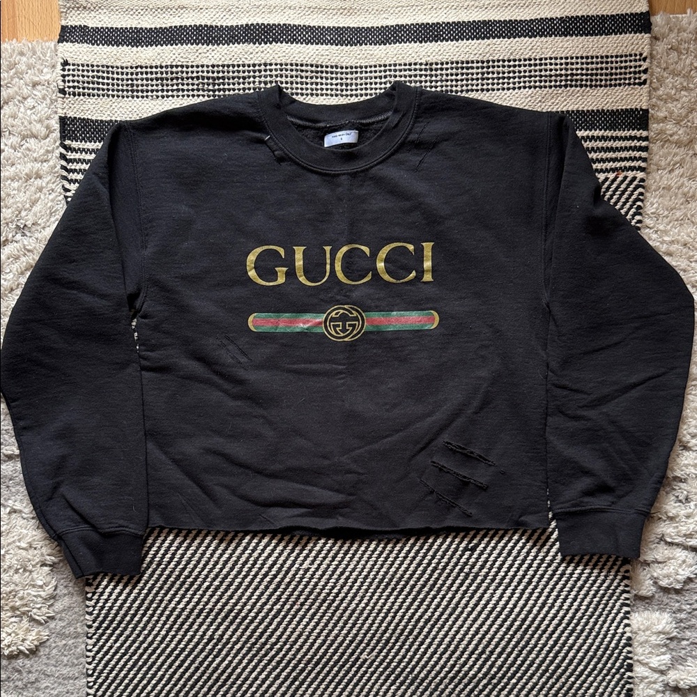 Black Crewneck Sweater with Gold Logo and Green-Red Stripe - Picture 1 of 4